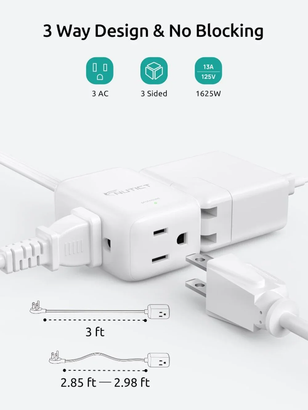 NUTICT Flat Extension Cord with 3 Outlets, 3ft Short Extension Cord, 900J Surge